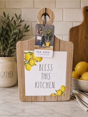Rae Dunn Wooden 'Bless This Kitchen' Board with Yellow Lemon Artwork